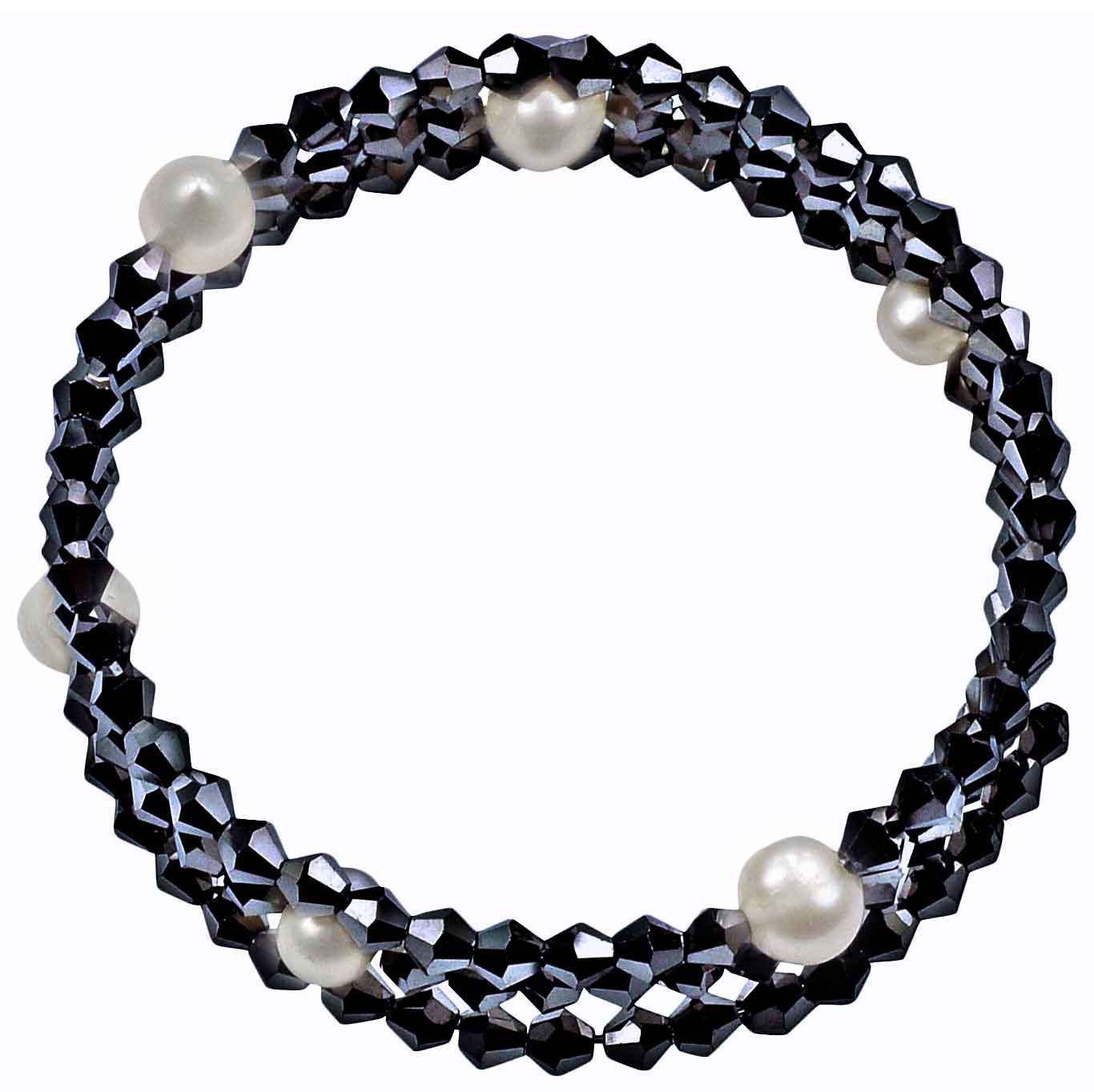 Wit zoetwater parel wikkelarmband met zwart hematiet kleurige stras steentjes, bovenaanzicht | Pearl W Metalic Hematite