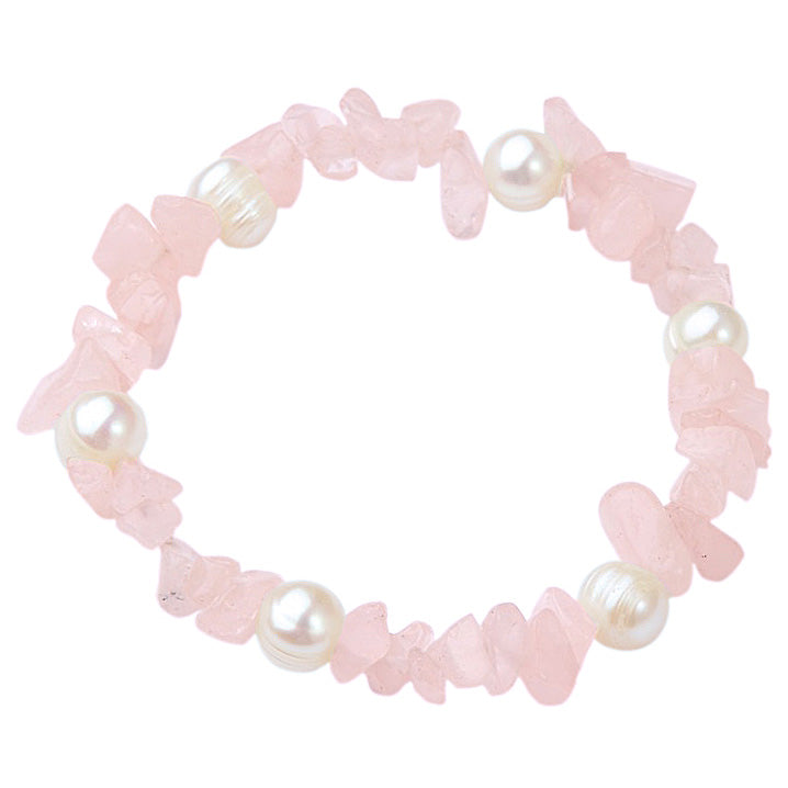 Wit zoetwater parel armband met roze edelstenen rozenkwart, elastisch | Pearl Rose Quartz Chip