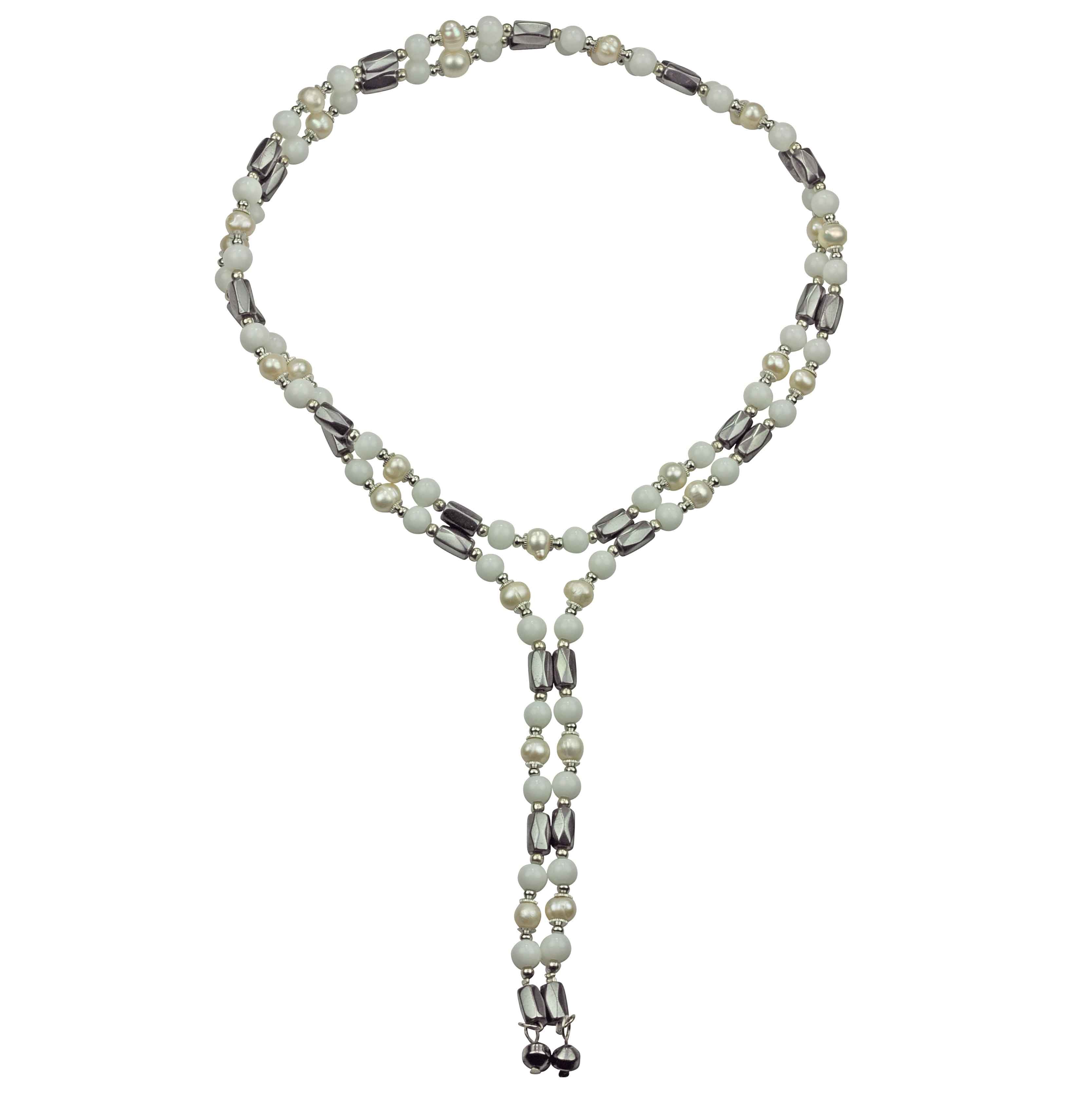 Zoetwater parelketting met witte parels en zwarte edelsteen magnetiet | Pearl Magnetite Wrap