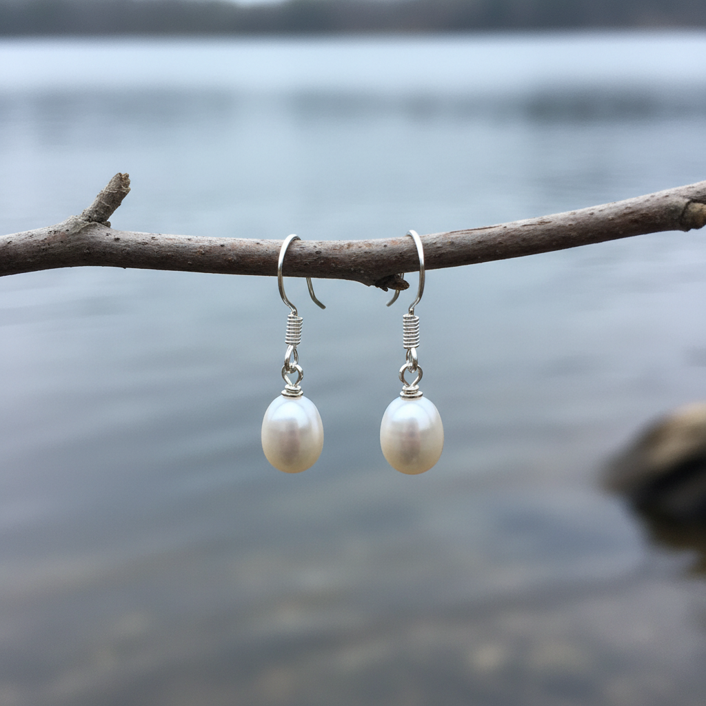 Witte zoetwater parel oorbellen met sterling zilveren oorbelhaakjes hangend aan takje | Lianca