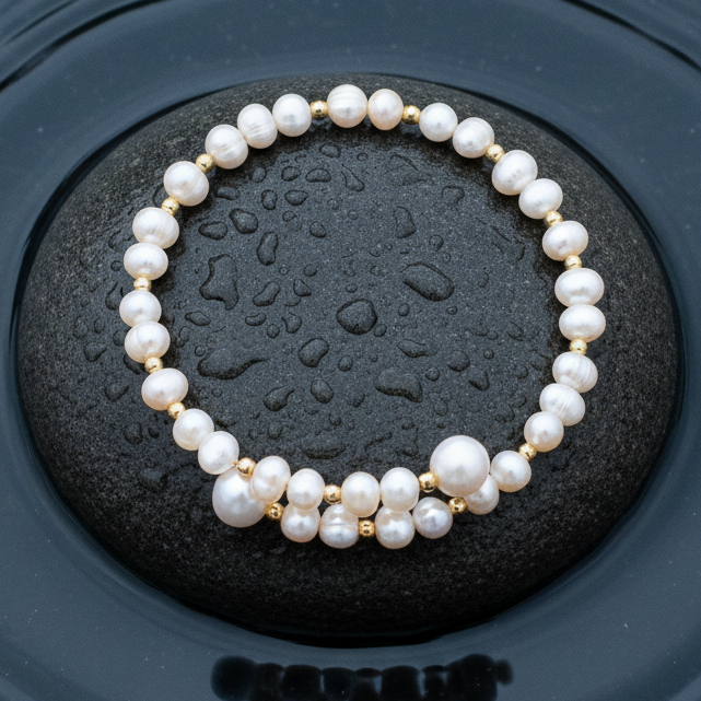 Wit wikkelarmband met echte parels en gouden kraaltjes liggend op steen in water | Paulina