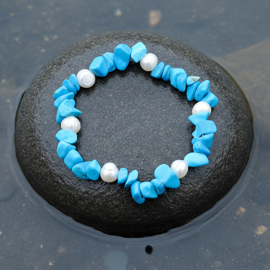 Wit zoetwater parel armband met blauwe edelstenen turkoois, elastisch liggend op steen in water | Pearl Turquoise Chip