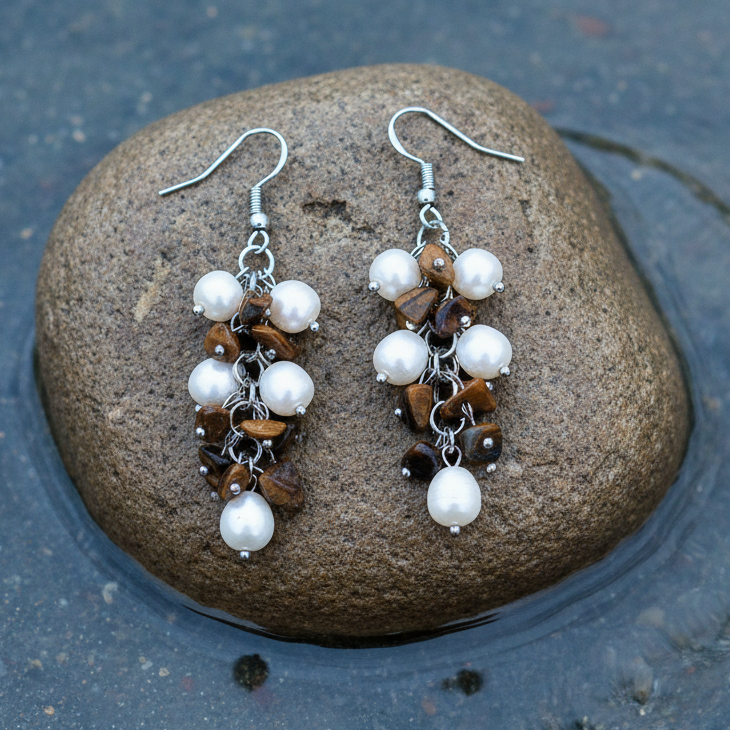 Witte zoetwater parel oorbellen met tijgeroog en sterling zilver liggend op steen in water | Pearl Tiger Eye Chip