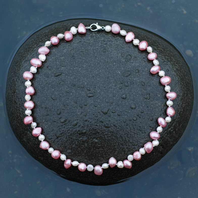 Handgeknoopte zoetwater parelketting met witte en roze parels en sterling zilver (925) liggend op steen in water | Philou