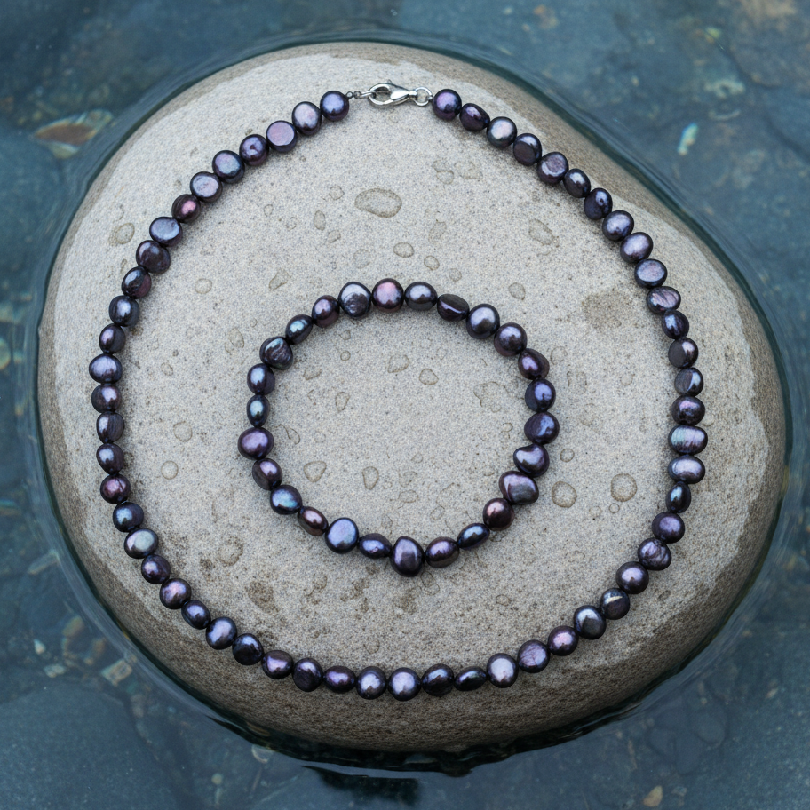 Zoetwater parel set bestaand uit een parelketting met parel armband liggend op steen in water | Pealca