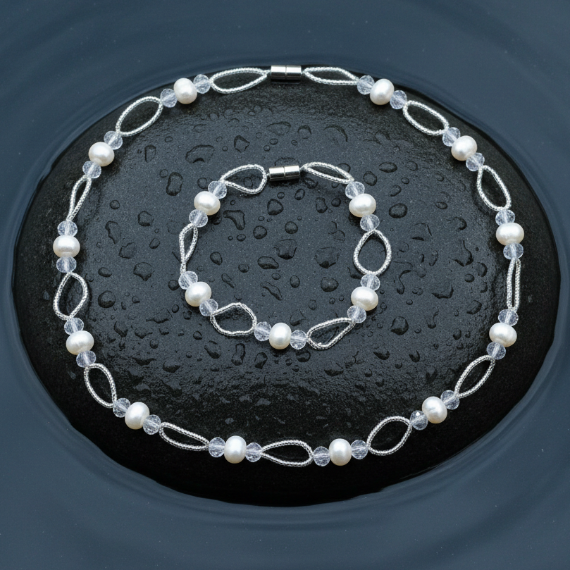 Zoetwater parel set bestaande uit parelketting en parel armband met witte parels en glaskristallen en magneetslot | set Wicio