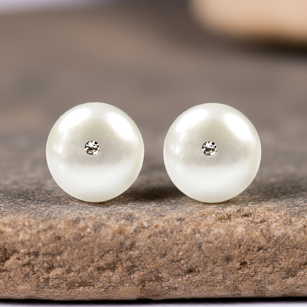Witte zoetwater parel oorbellen met stras steentje, parel oorknopje, liggend op beige steen, vooraanzicht dicht bij | Cadeau set zoetwater parel oorbellen Bling Mea Box One