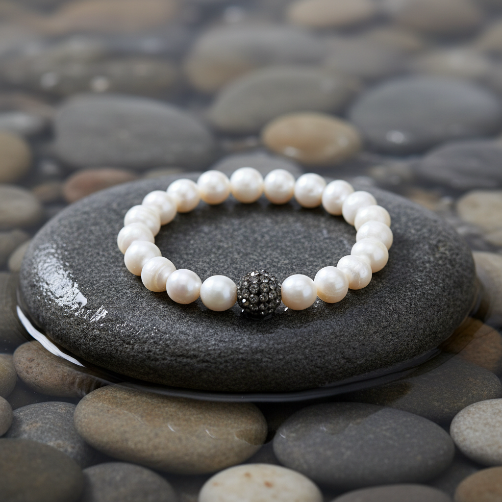 Alexia parel armband close-up op grijze natte steen bij oever