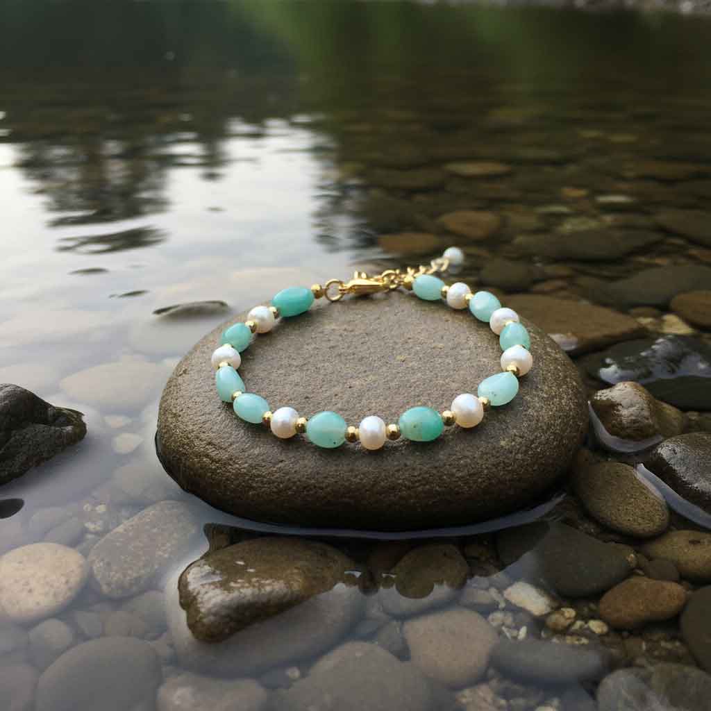 Zoetwater parel armband met edelstenen Amazonite Pearl Gold
