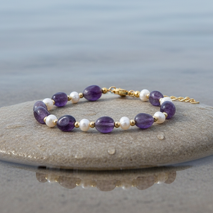 Amethyst Pearl Gold armband aan de waterkant
