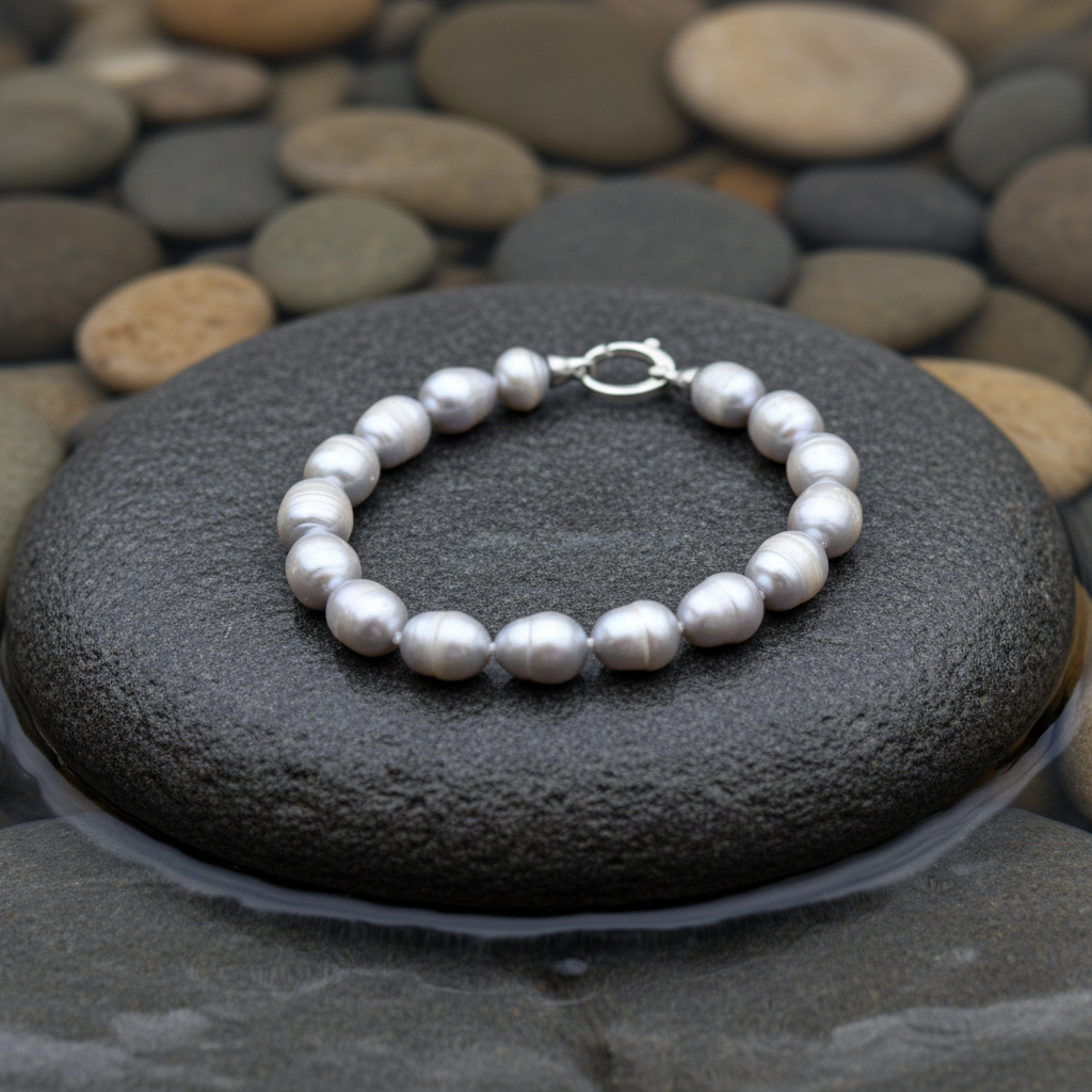 Ashley Grey parel armband close-up op grijze natte steen bij oever