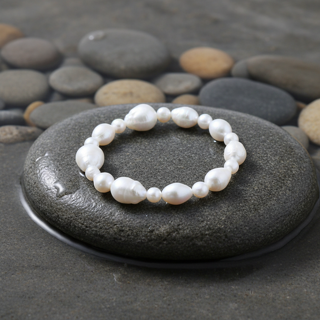 Baroque Big and Small parel armband close-up op grijze natte steen bij oever