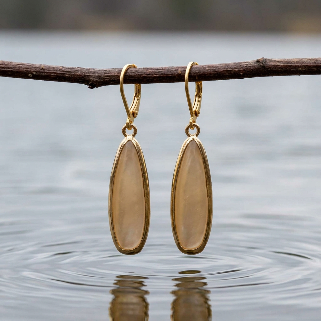 Beige parelmoeren oorbellen met goud kleurig edelstaal hangend aan takje boven water | Oblong Drop Beige