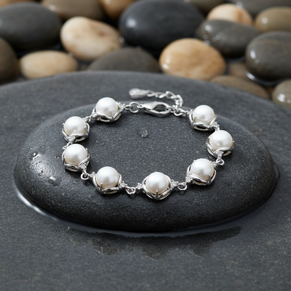 Berdina parel armband met slotje op grijze natte steen