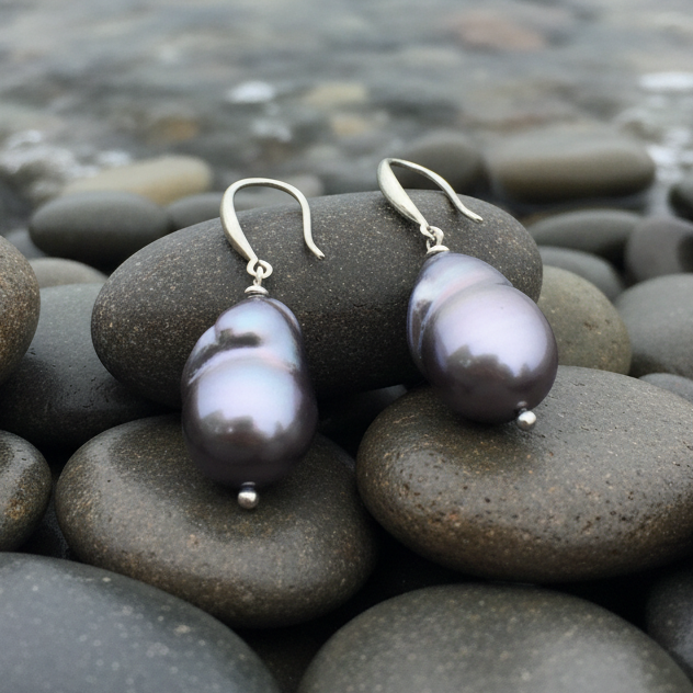 Big Dangling Nucleated Taupe Pearl op stenen