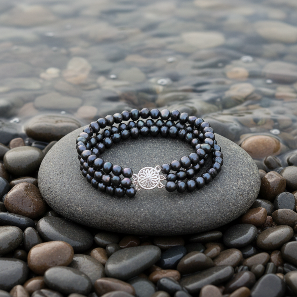 Black Three Baroque Pearl armband bij water - variatie