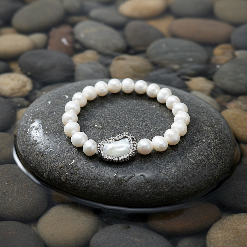 Bling Biwa Pearl armband - verbeterde versie op grijze natte steen