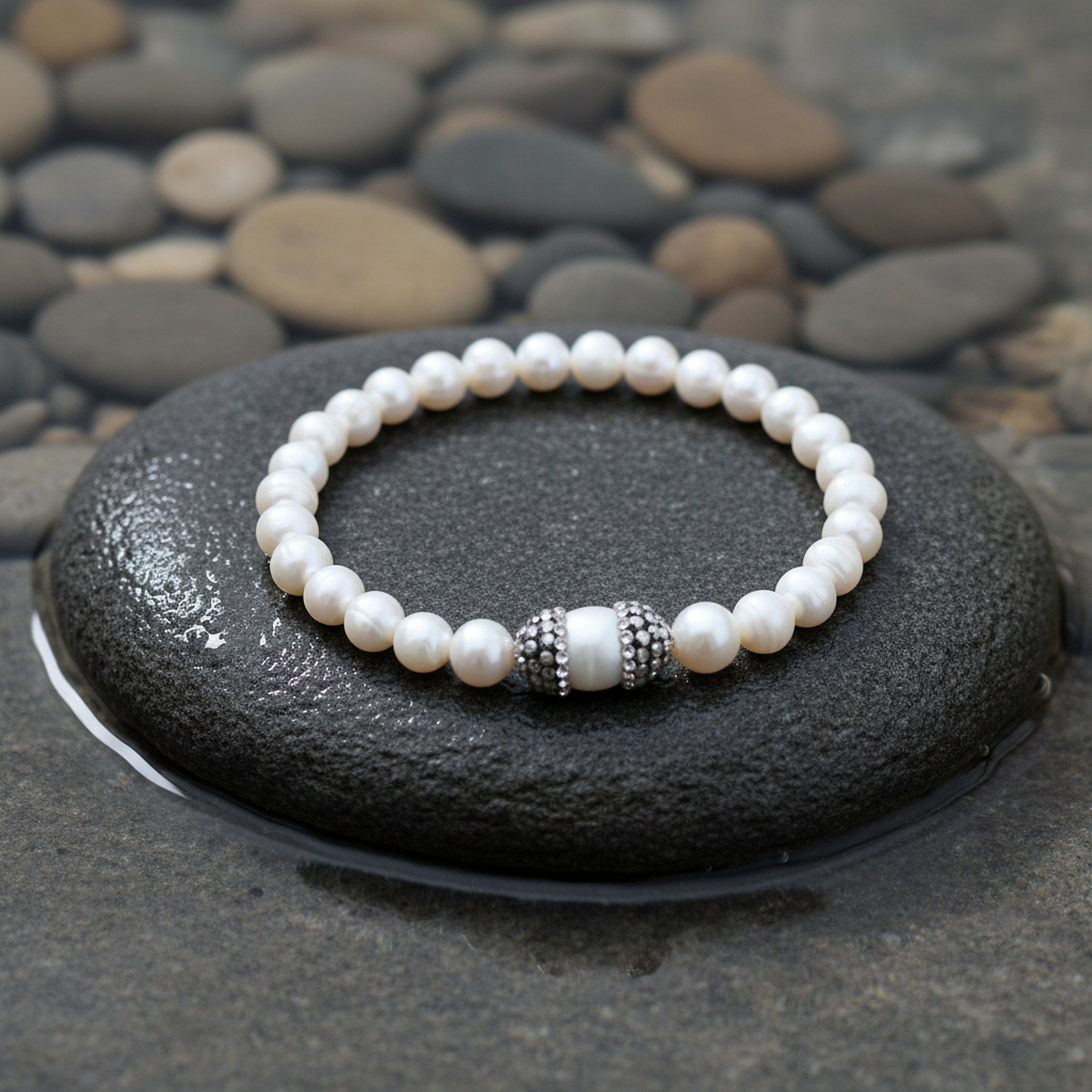 Bling Rice Pearl armband close-up op grijze natte steen bij oever