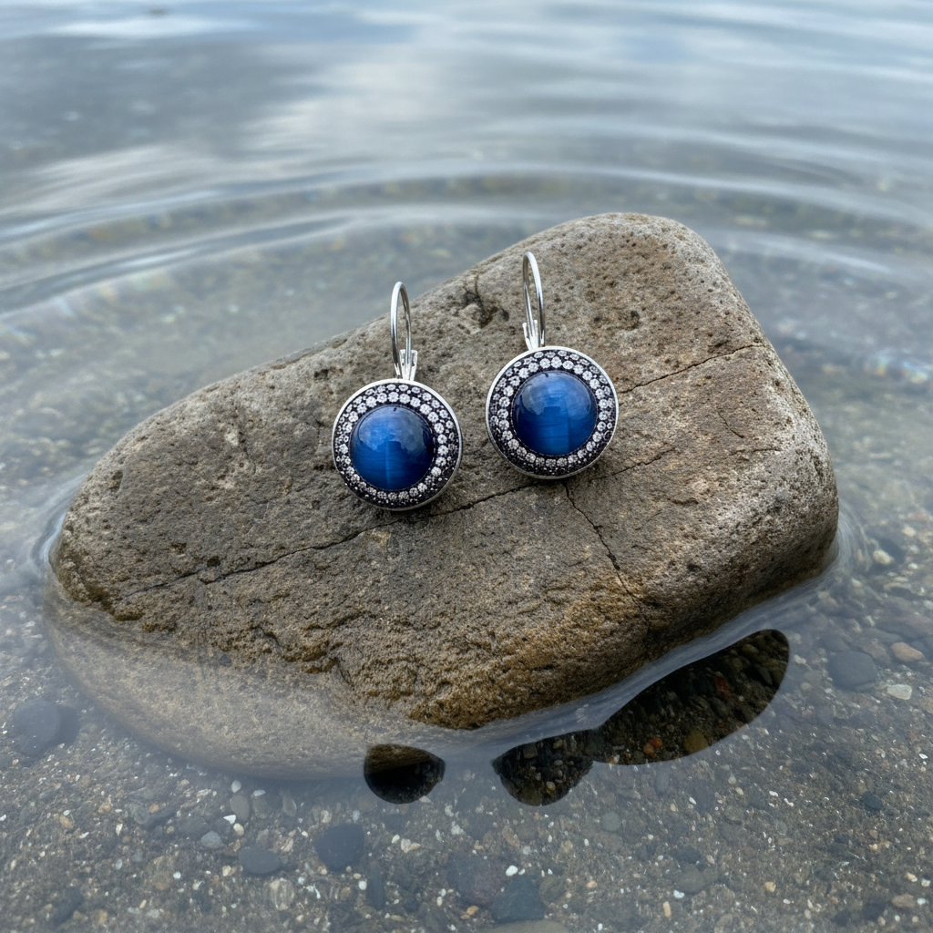 Bright Blue Tiger Eye Silver oorbellen op realistische steen