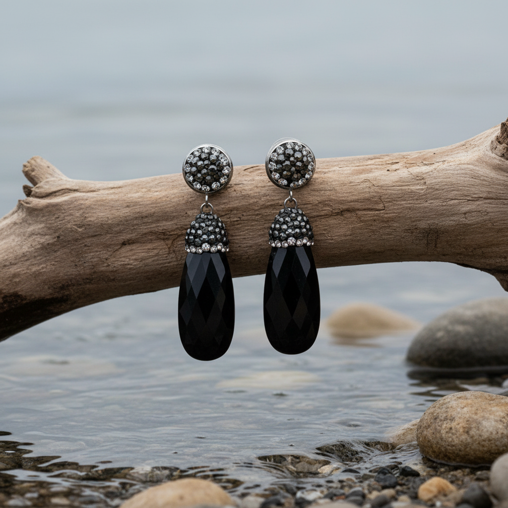 Bright Long Black Agate oorbellen op tak