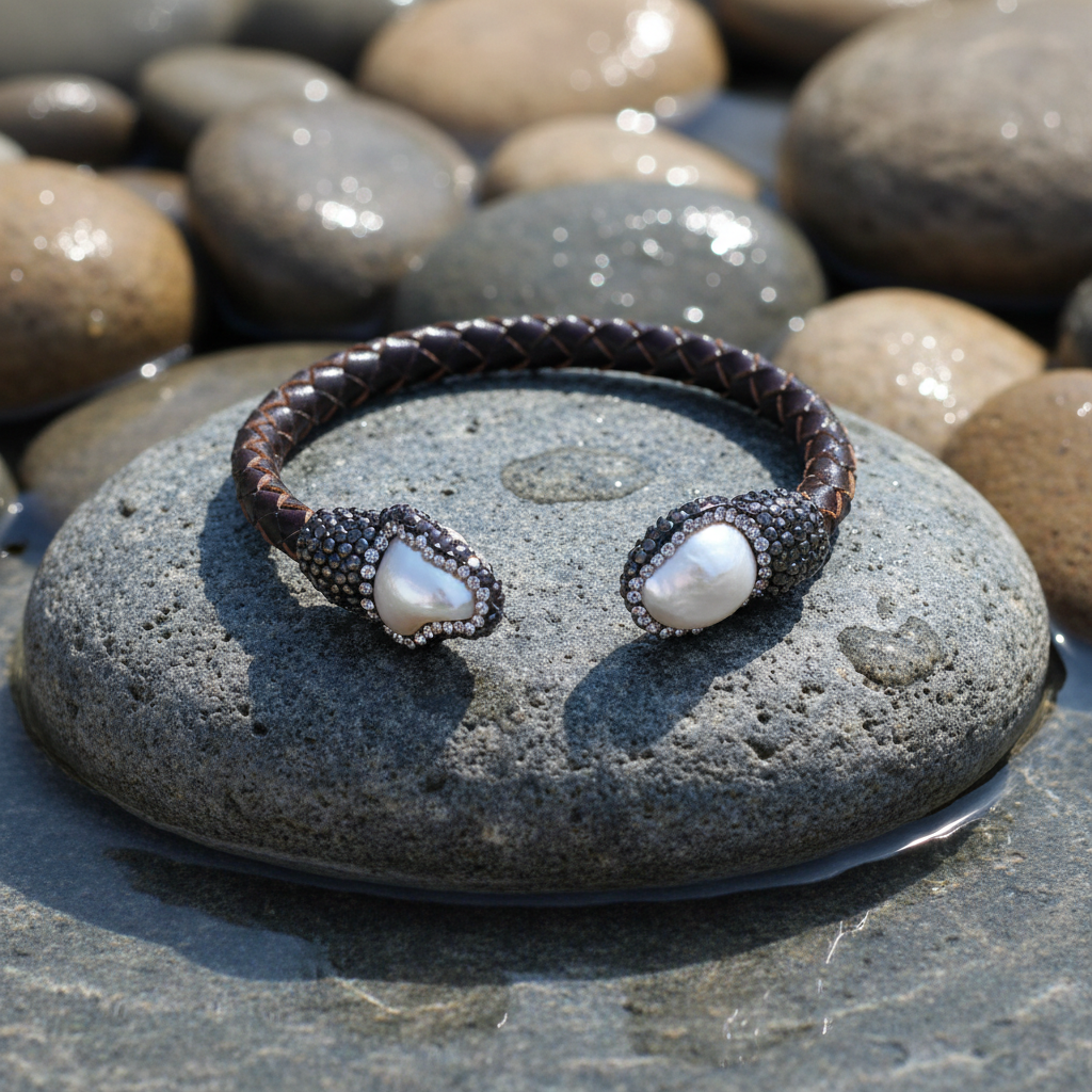 Bright Pearl Brown Leather Bangle zoetwater parel armband close-up op grijze natte steen bij oever