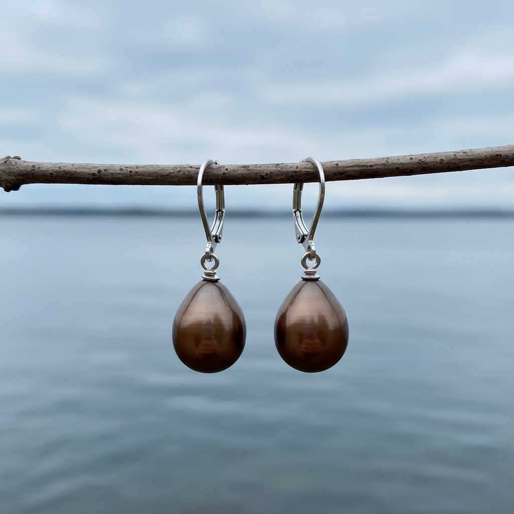 Bruine Mother of pearl parel oorbellen Bolly aan tak met waterrand