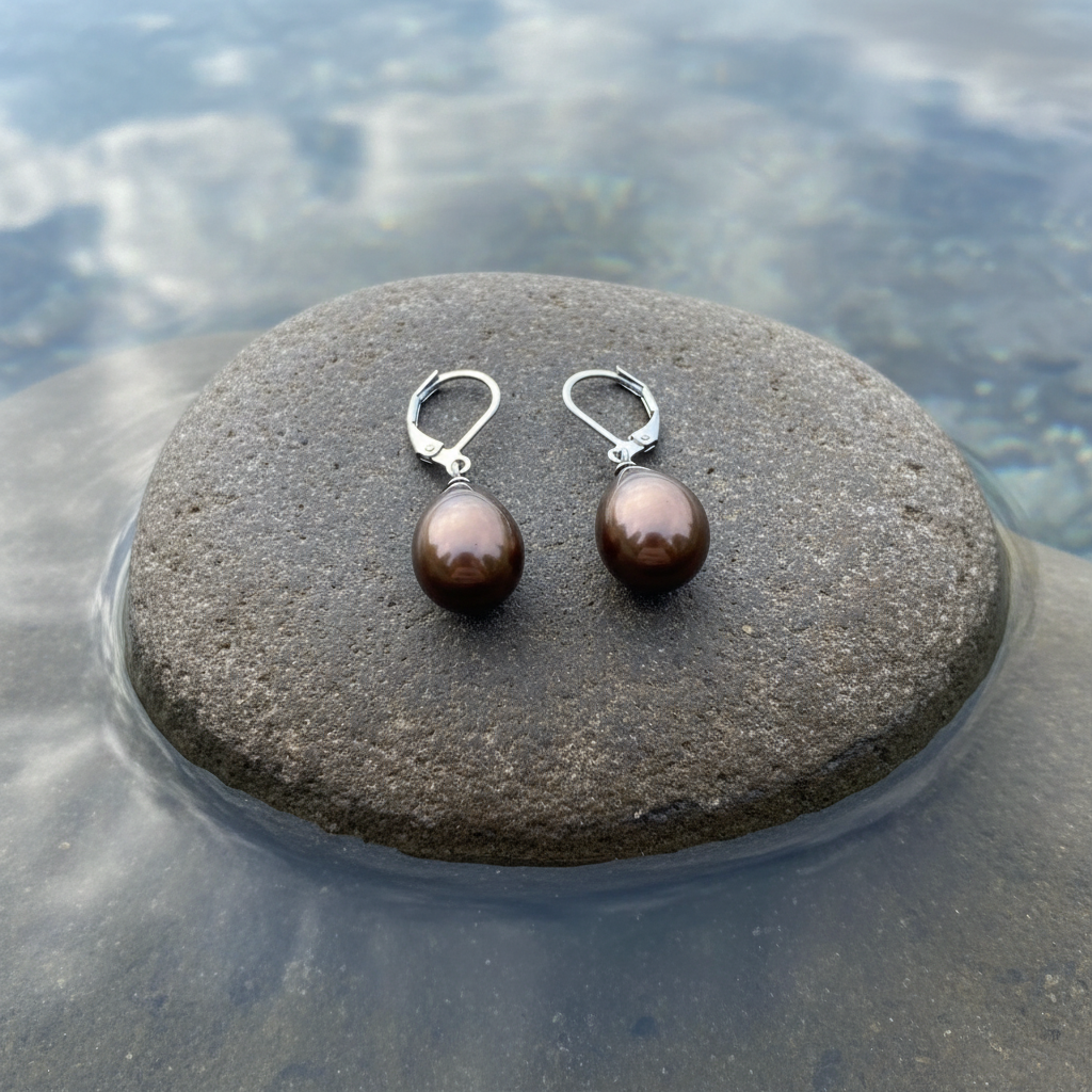 Bruine Mother of pearl parel oorbellen Bolly - close-up bovenaanzicht zonder zilver onderkantje