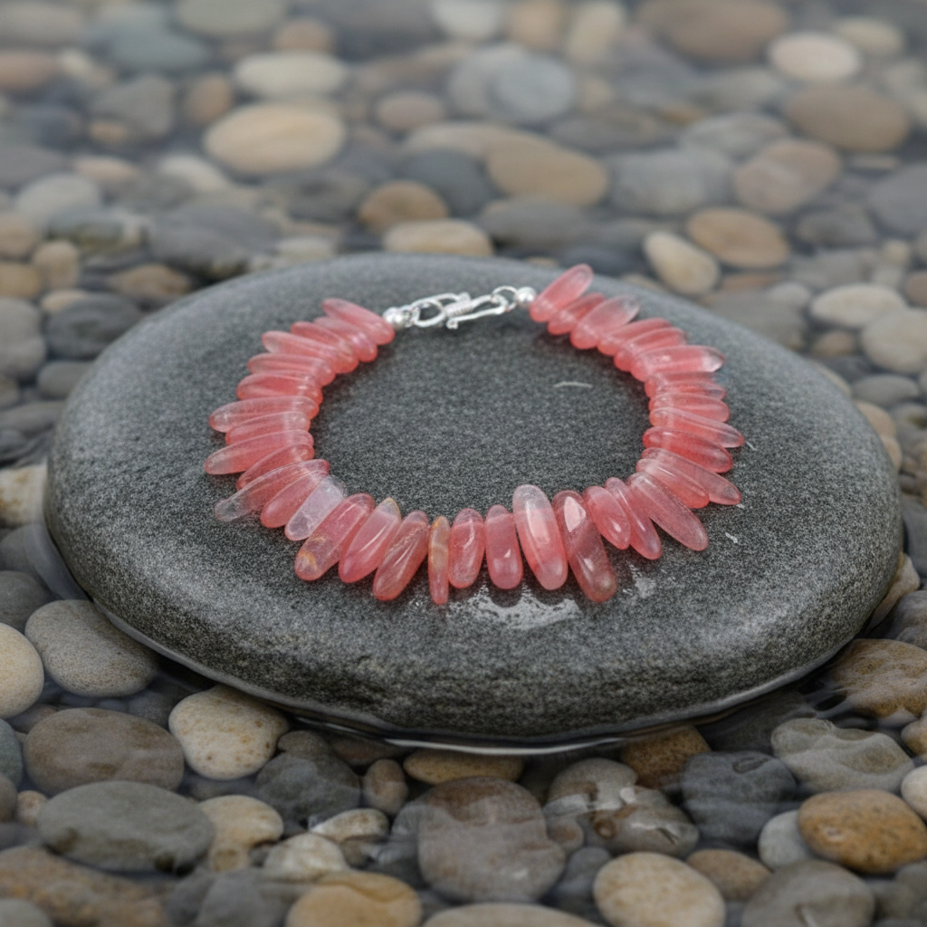 Cherry edelstenen armband close-up op grijze natte steen bij oever