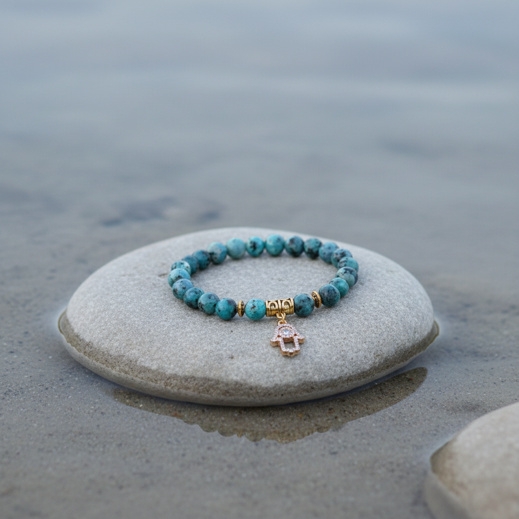 Chrysocolla Bling Hamsa armband aan de waterkant