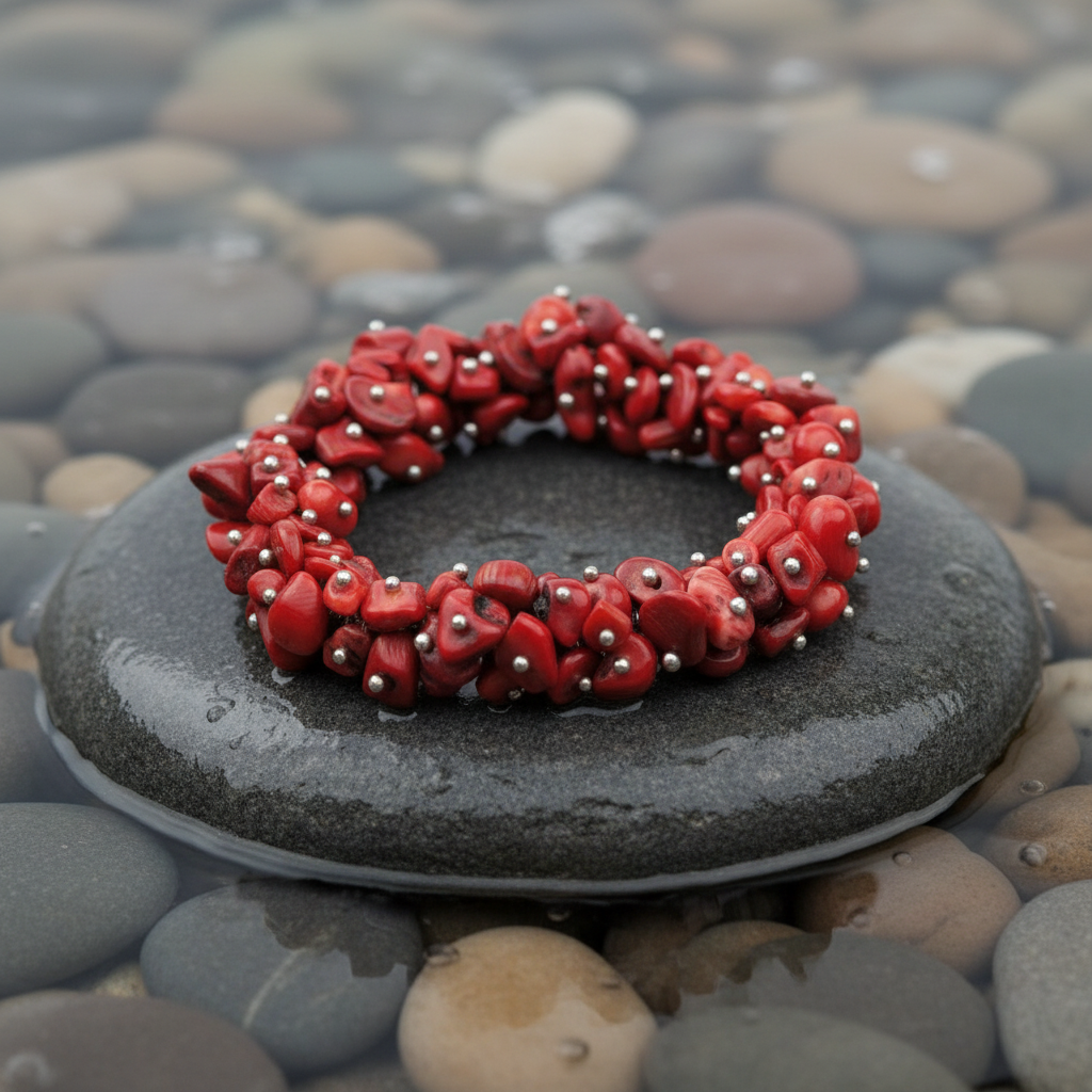 Coral Chip armband close-up op grijze natte steen bij oever