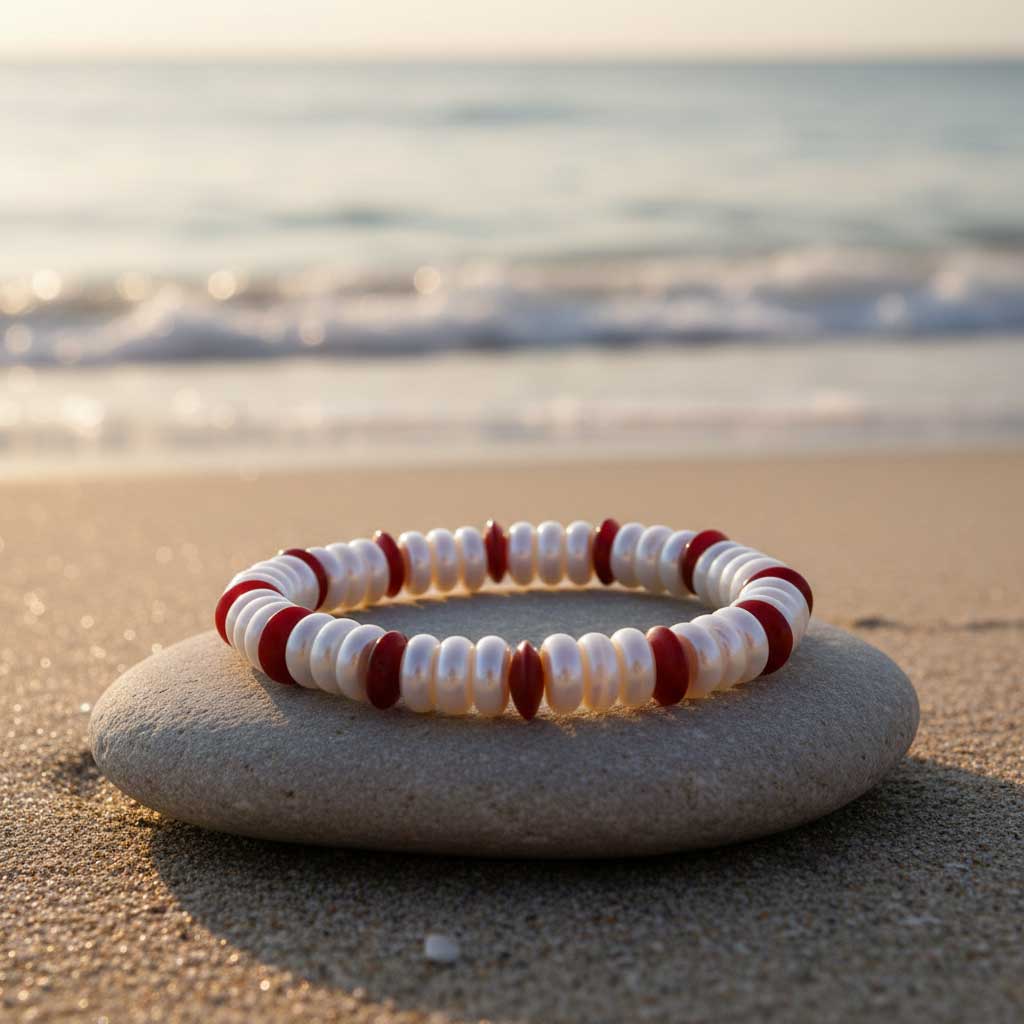 Parel armband met witte coin parels en rood koraal liggend op kei op strand | Elastisch | Coral Coin Pearl