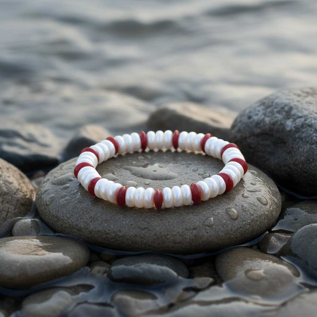 Parel armband met witte coin parels en rood koraal liggend op kei in water | Elastisch | Coral Coin Pearl