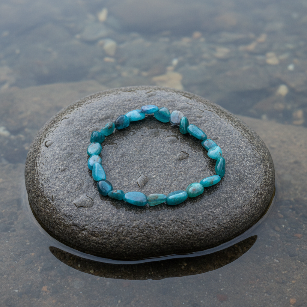Blauwe edelstenen armband met apatiet liggend op steen | Elastisch | Apatite Tumbled Stone