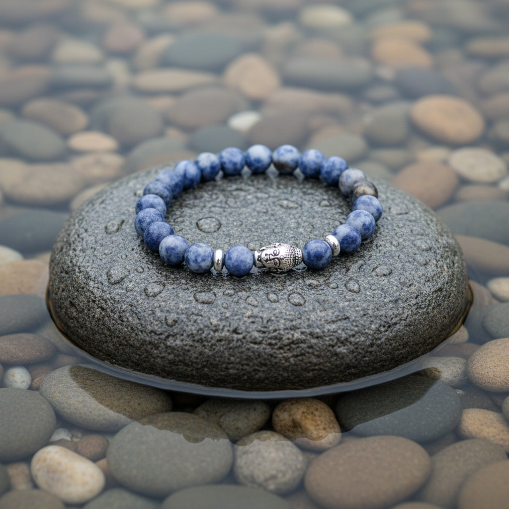 Edelstenen armband Buddha Blue Spot op realistische grijze steen