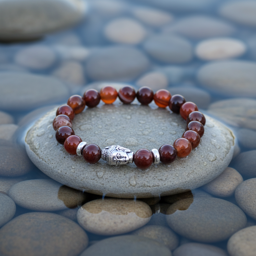 Edelstenen armband Buddha Red Lace Agate op lichte grijze steen - met meer stenen