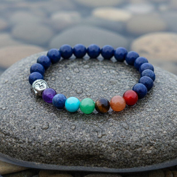 Edelstenen armband Lapis Lazuli Silver Buddha Gemstones op realistische grijze steen