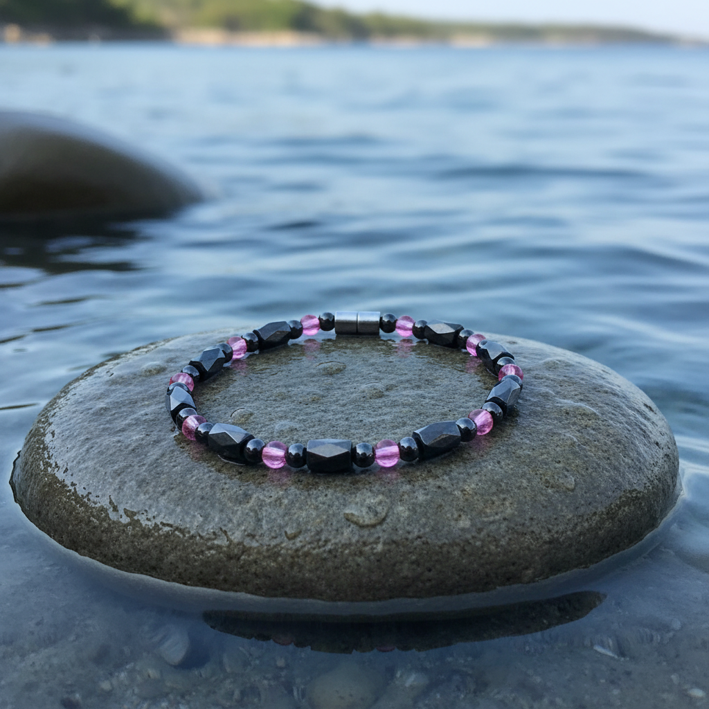 Zwarte edelstenen armband met magnetiet en magneetslot liggend op steen in water | Magnetite Rosé Crystal