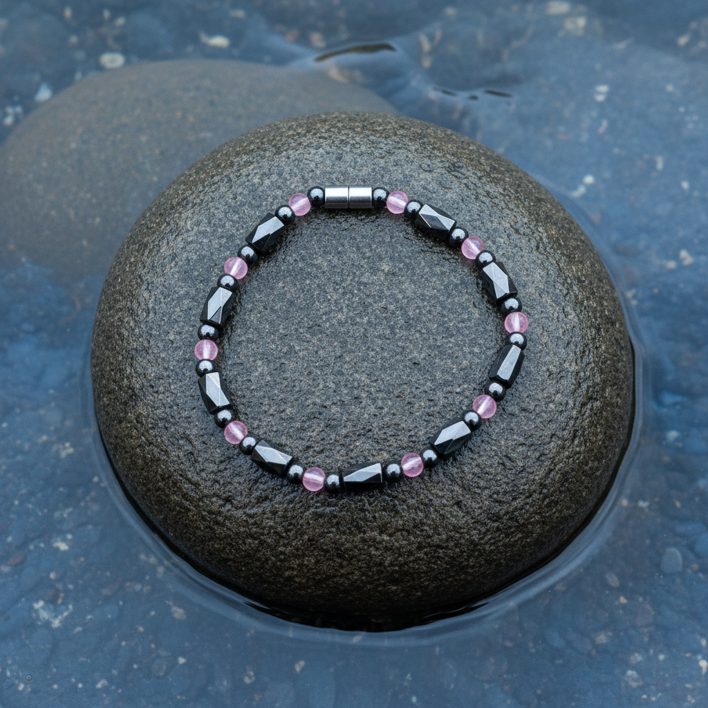 Zwarte edelstenen armband met magnetiet en magneetslot liggend op natte steen | Magnetite Rosé Crystal