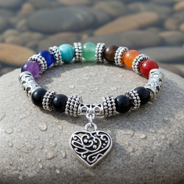 Edelstenen armband Mix Gemstone Heart op lichte grijze steen