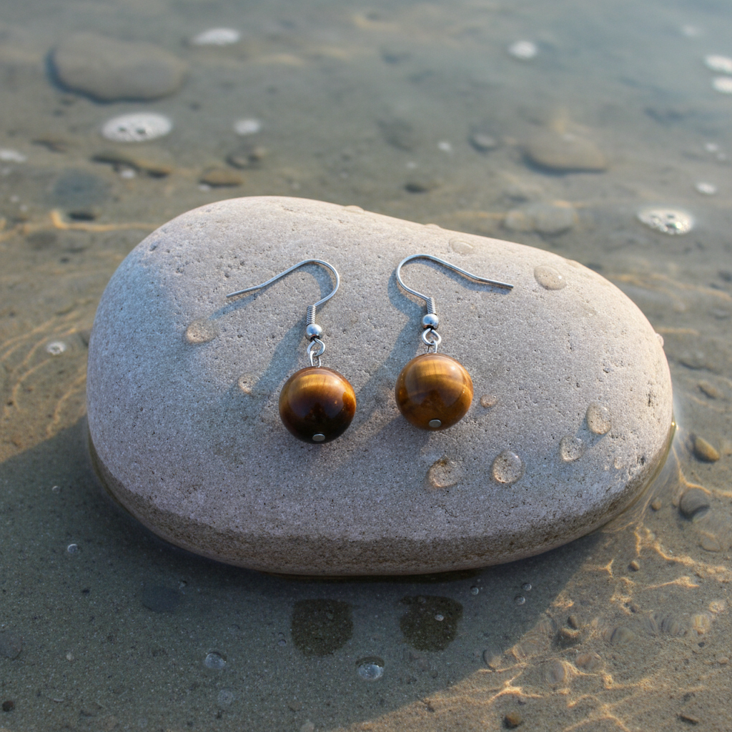 Edelstenen oorbellen bovenaanzicht op steen met water