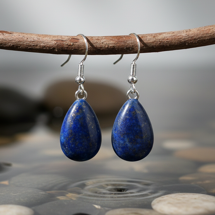 Blauwe edelstenen oorbellen met lapis lazuli in druppel vorm en sterling zilver (925) hangend aan takje | Lapis Lazuli Drop