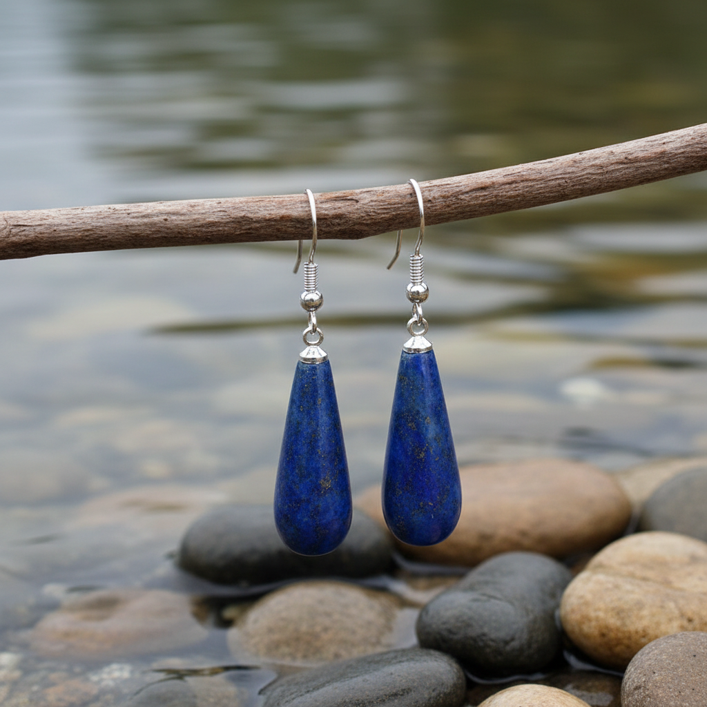 Edelstenen oorbellen Lapis Lazuli Long Drop aan takje