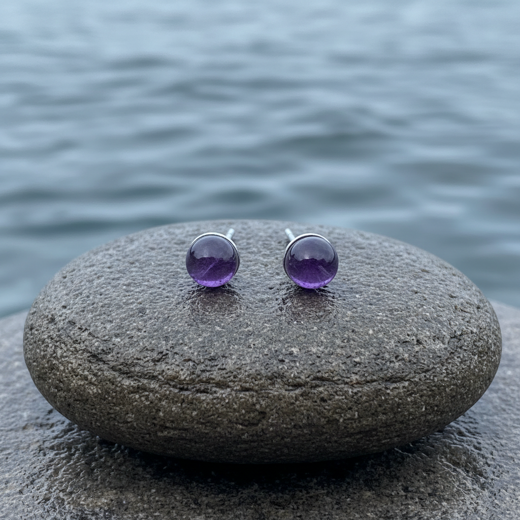 Edelstenen oorbellen Little Amethyst Stud op steen water