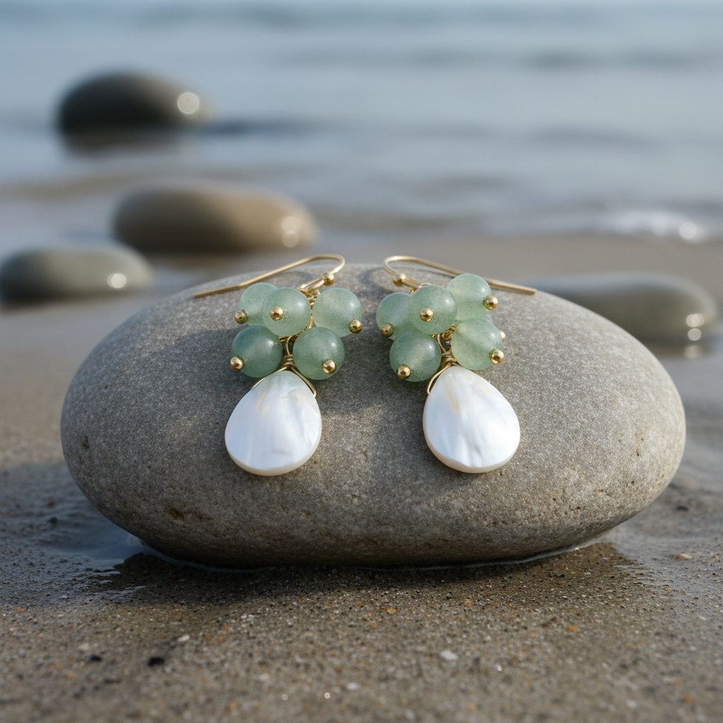 Edelstenen oorbellen met parelmoer Abella Green Aventurine close-up - zonder groen