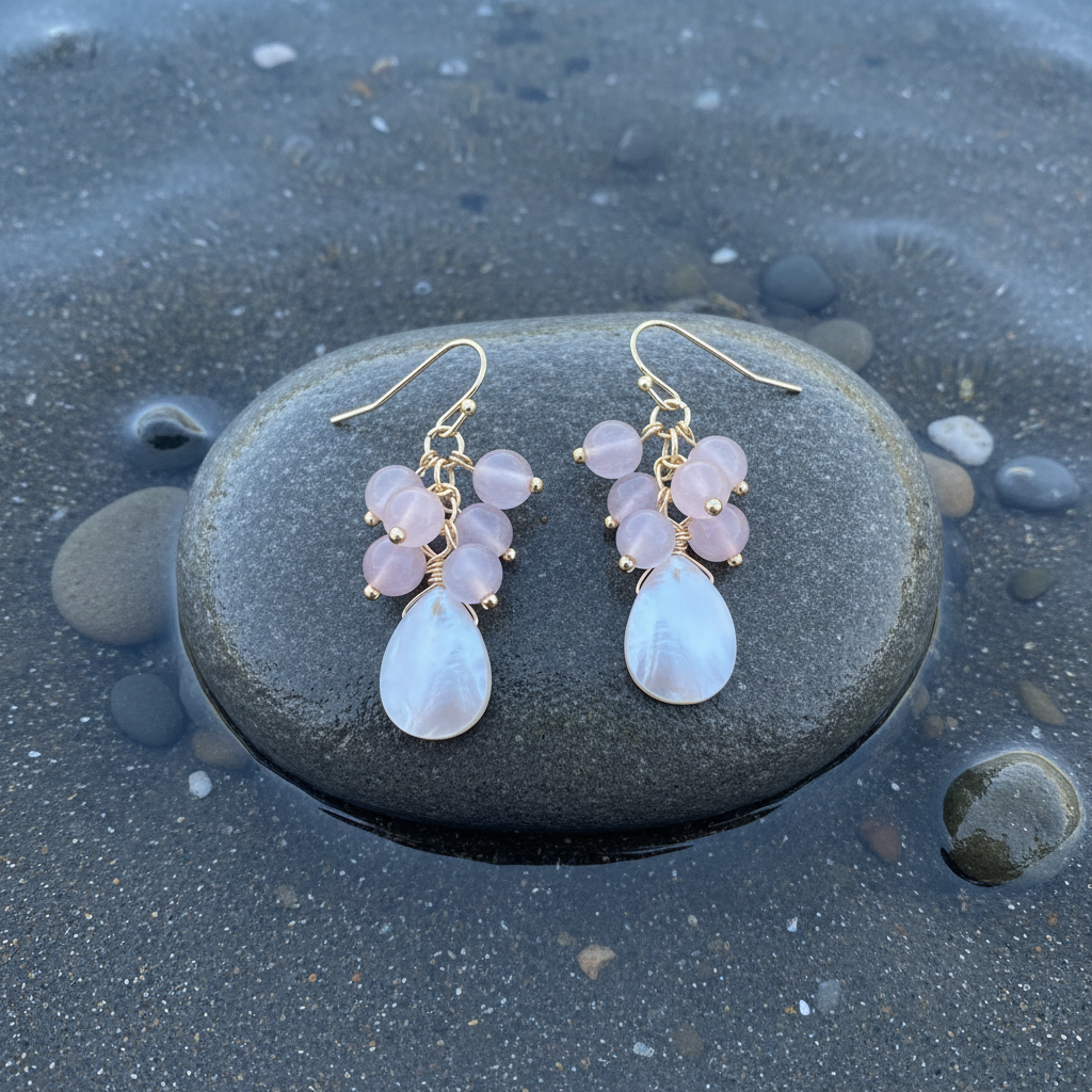 Edelstenen oorbellen met parelmoer Abella Rose Quartz bovenaanzicht met water