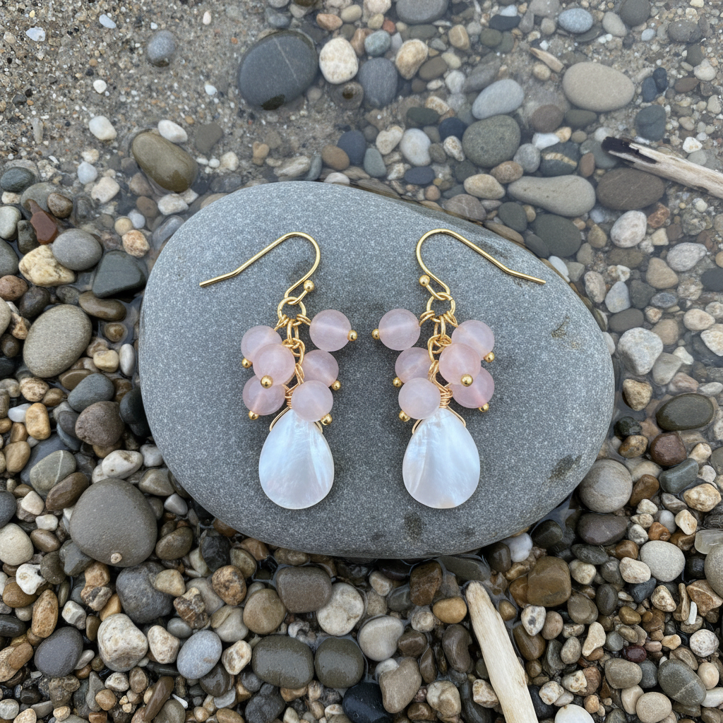 Edelstenen oorbellen met parelmoer Abella Rose Quartz bovenaanzicht
