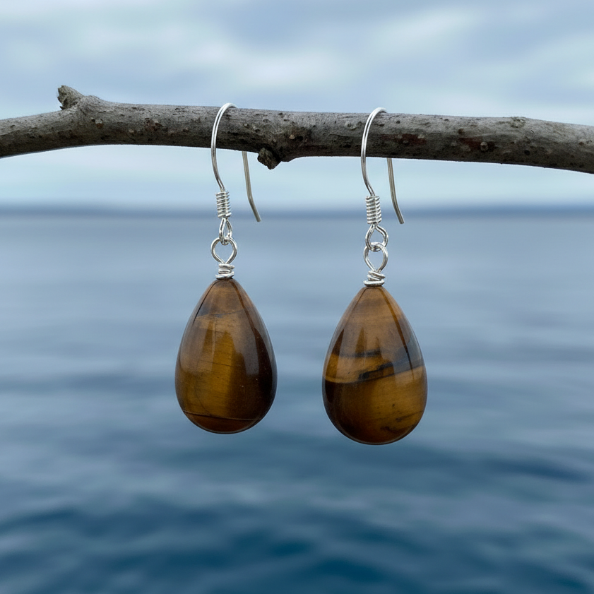 Edelstenen oorbellen Tiger Eye Big Drop aan takje met blauw water