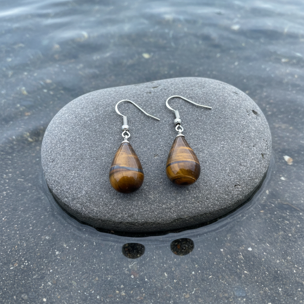 Edelstenen oorbellen Tiger Eye Big Drop - close-up bovenaanzicht zonder zilver onderkantje