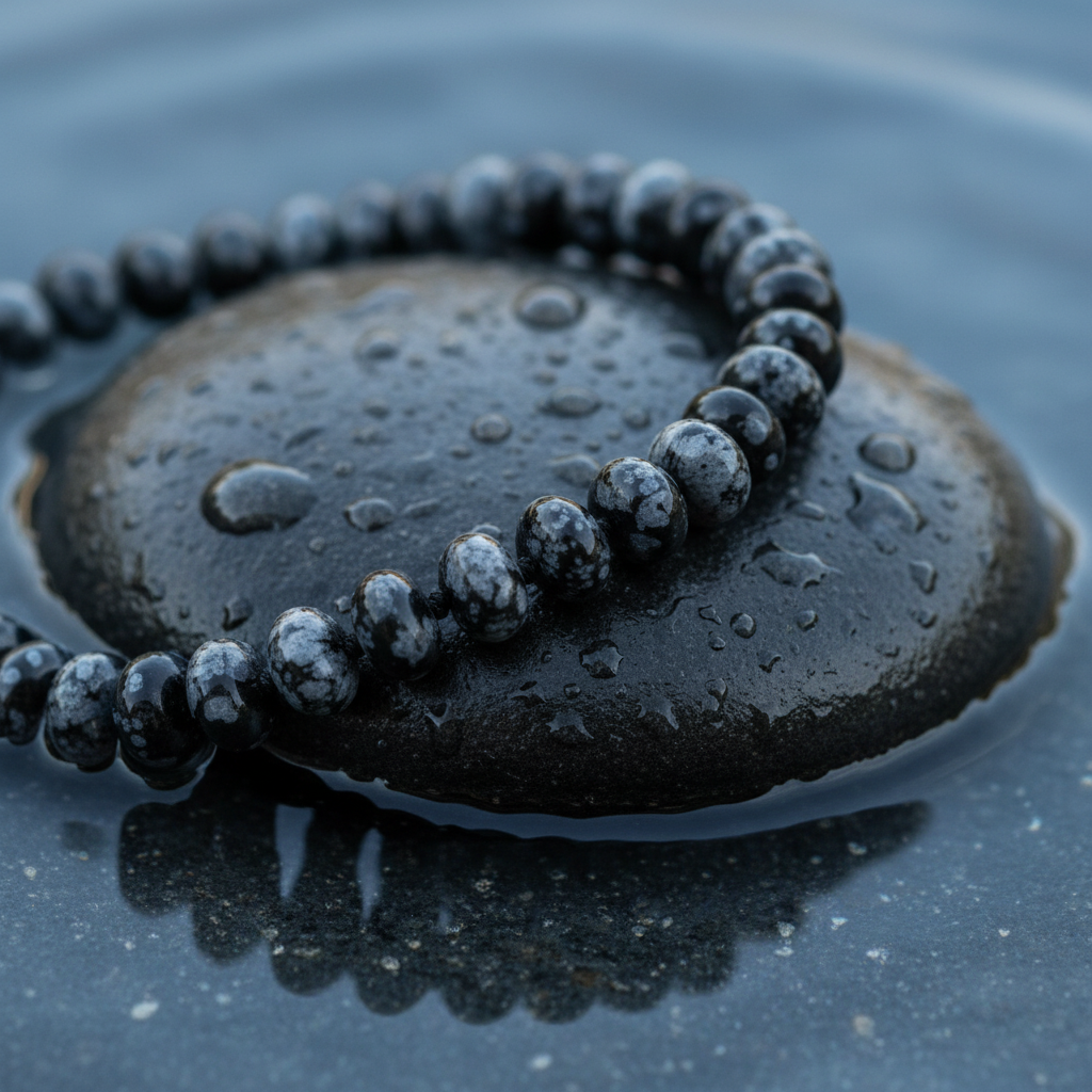 Zwart grijze handgeknoopte edelstenen ketting met obsidiaan sneeuwvlok en sterling zilver (925) liggend op natte steen close up | Snowflake Obsidiaan Rondelle