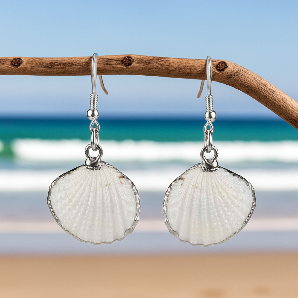 Witte schelpen oorbellen hangend aan takje met achtergrond strand en zee | White Cockel Shell Silver